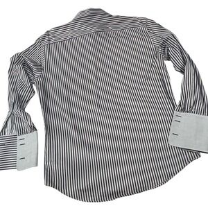 Bugatchi Uomo Mens Striped Long Sleeve Dress Shirt Navy & Gray 16.5 32/33 Cotton